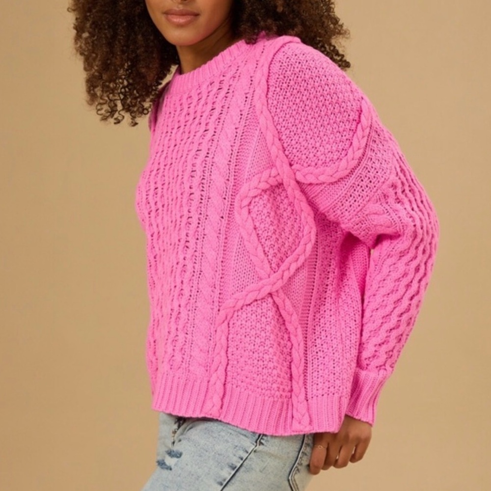 Altar'd State Medium Sharon Hot Pink Cable Knit Boxy Oversized Sweater